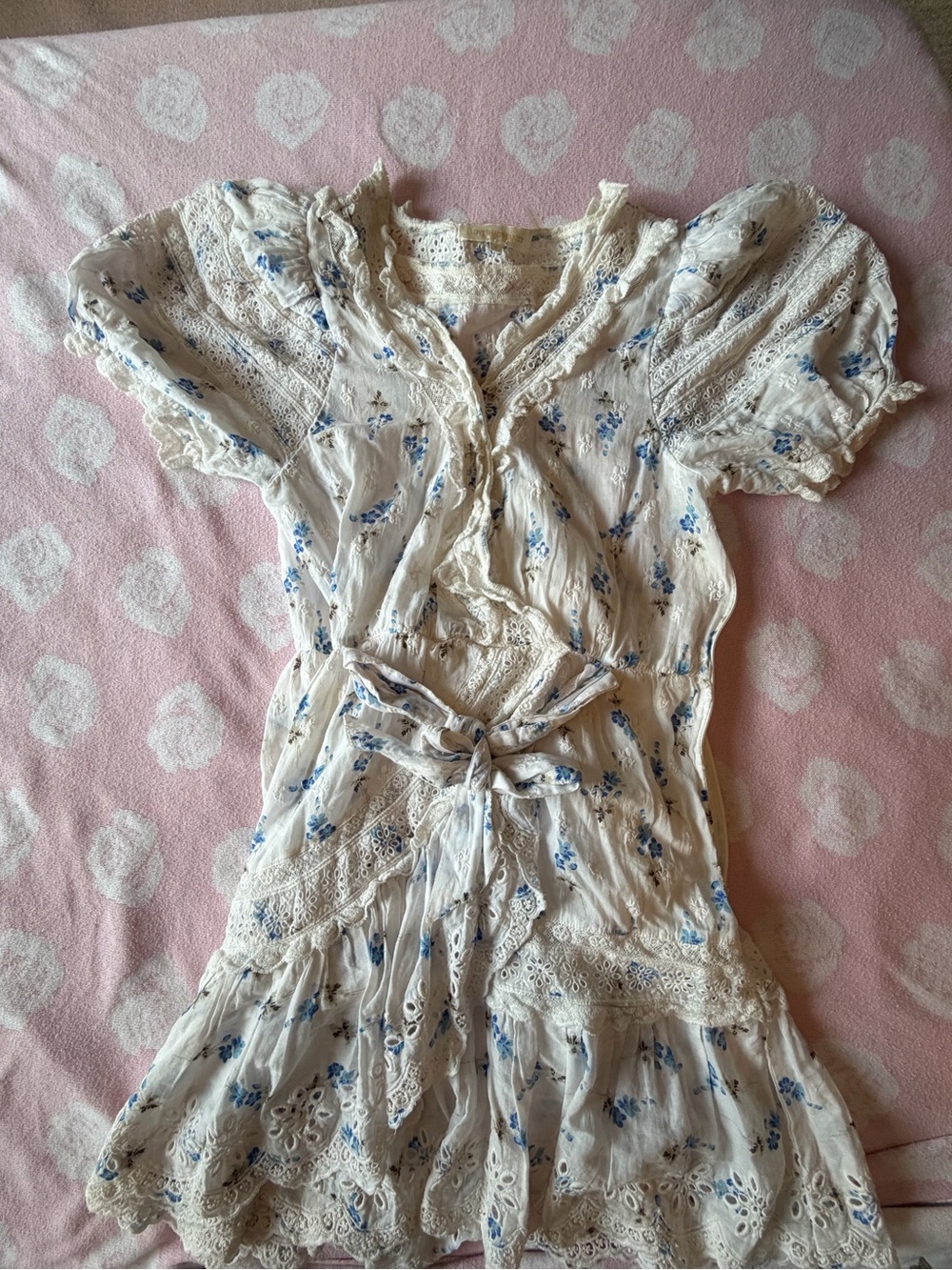 LoveShackFancy Cream Dress with Blue Floral Print